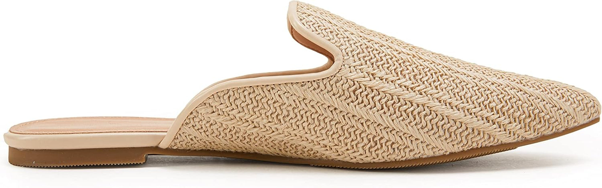 Womens Briaded Pointed Toe Mules Low Heel Loafers Slip on Flats Slide Backless Cut Out Raffia Woven Comfortable Shoes Beige