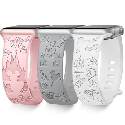 Cartoon Engraved Band Compatible with Apple Watch Bands 40Mm 44Mm 41Mm 38Mm 45Mm 42Mm 49Mm Women,Cute Pattern Strap Soft Silicone Wristbands for Iwatch Series 8 7 6 SE 5 4 3 2 1 Ultra 3 Pack