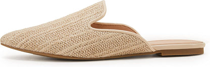 Womens Briaded Pointed Toe Mules Low Heel Loafers Slip on Flats Slide Backless Cut Out Raffia Woven Comfortable Shoes Beige