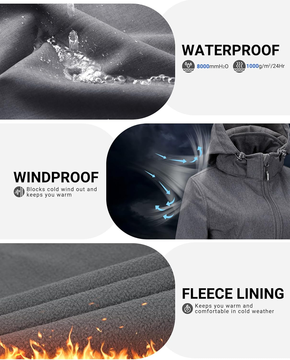 Women'S Softshell Jacket with Removable Hood Fleece Lined Windbreaker Insulated Long Warm Rain Jacket