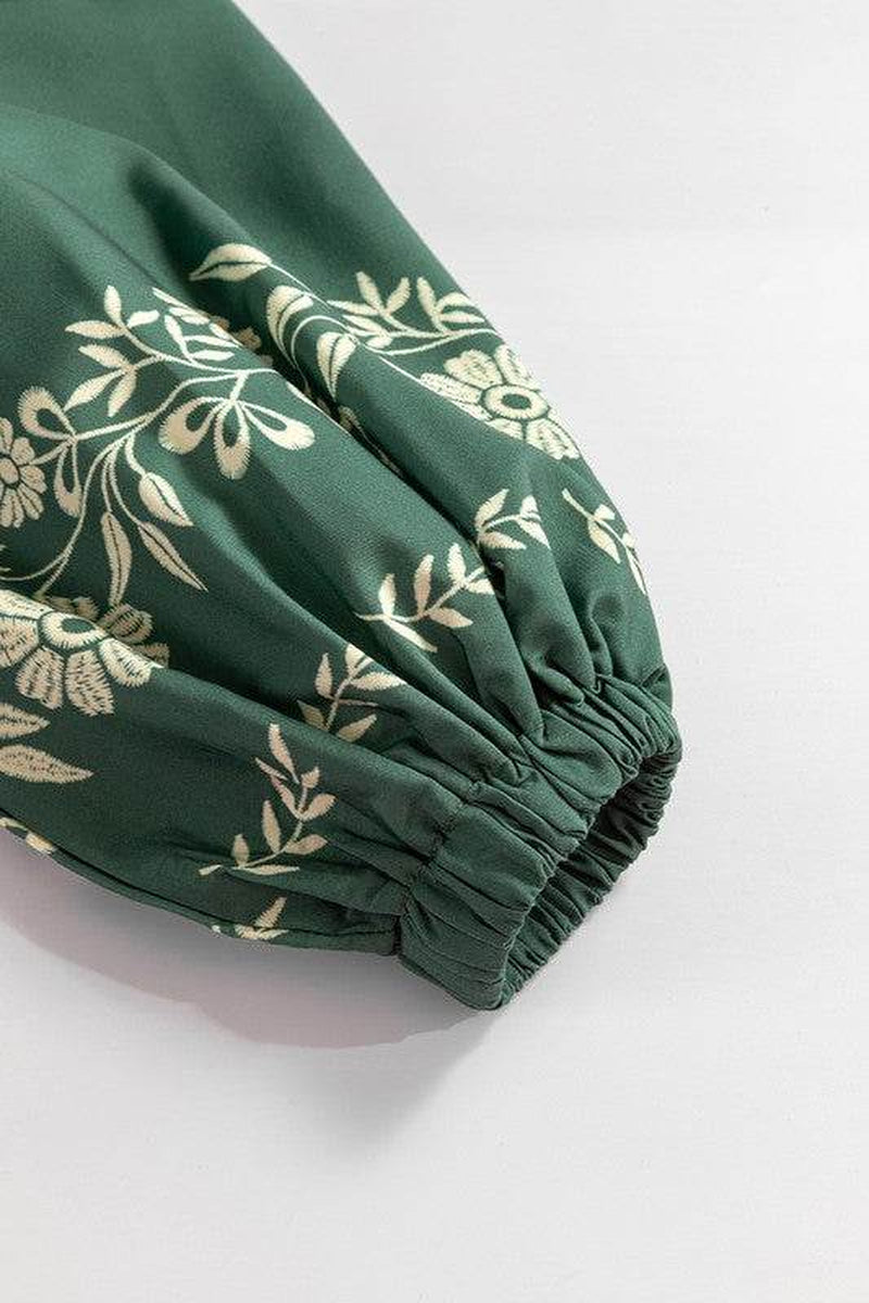 Tie Neck Boho Floral Puff Sleeve Shift Dress