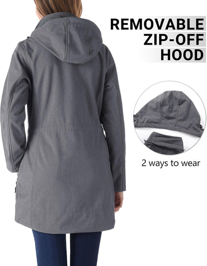 Women'S Softshell Jacket with Removable Hood Fleece Lined Windbreaker Insulated Long Warm Rain Jacket