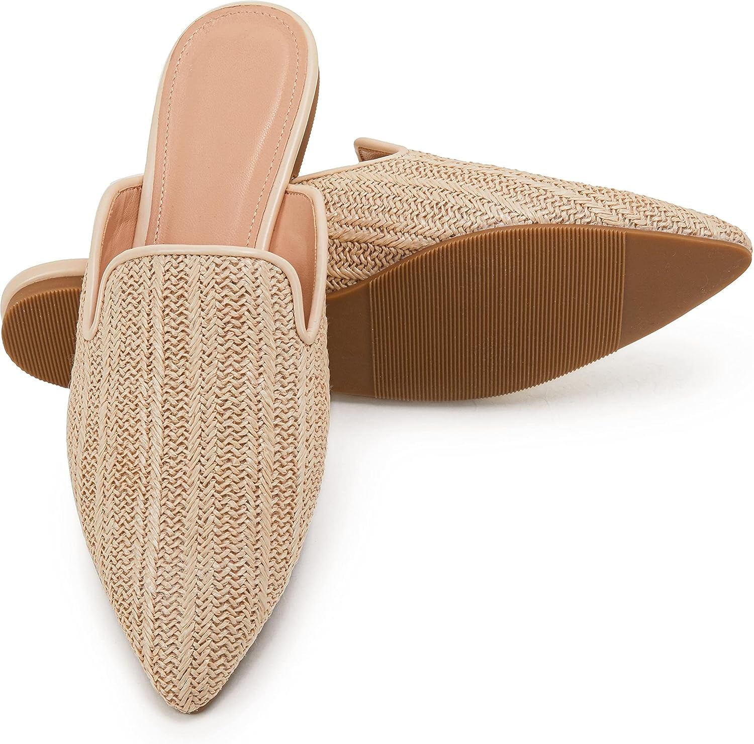 Womens Briaded Pointed Toe Mules Low Heel Loafers Slip on Flats Slide Backless Cut Out Raffia Woven Comfortable Shoes Beige