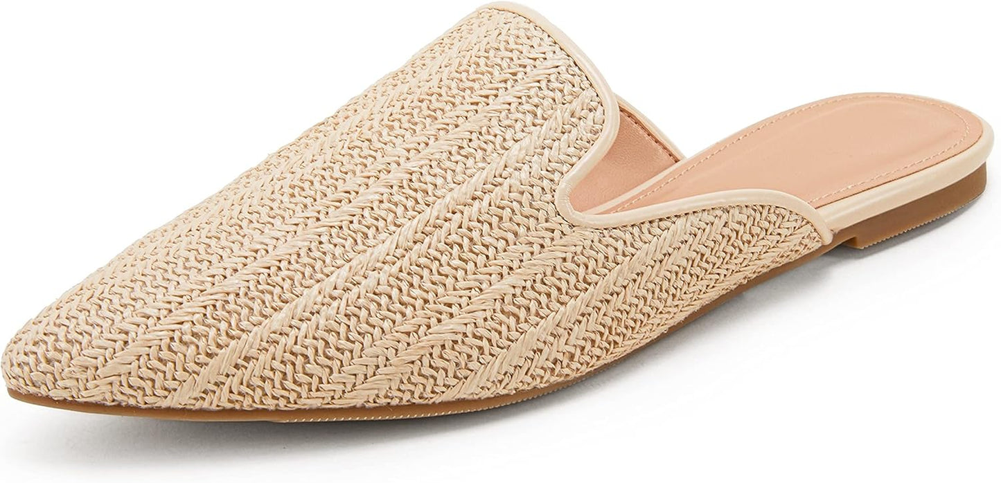 Womens Briaded Pointed Toe Mules Low Heel Loafers Slip on Flats Slide Backless Cut Out Raffia Woven Comfortable Shoes Beige