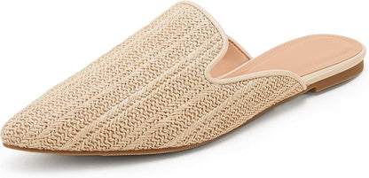 Womens Briaded Pointed Toe Mules Low Heel Loafers Slip on Flats Slide Backless Cut Out Raffia Woven Comfortable Shoes Beige