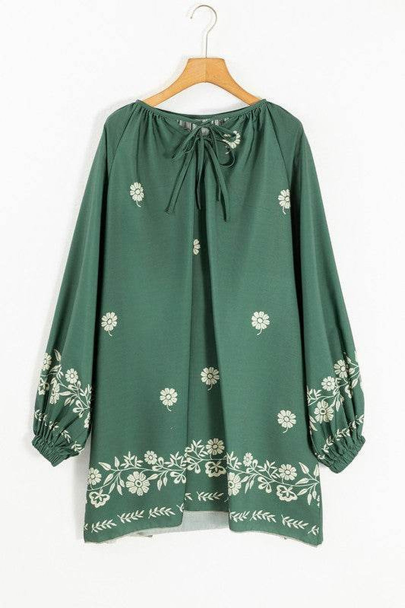 Tie Neck Boho Floral Puff Sleeve Shift Dress