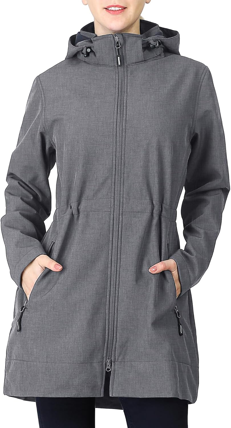 Women'S Softshell Jacket with Removable Hood Fleece Lined Windbreaker Insulated Long Warm Rain Jacket