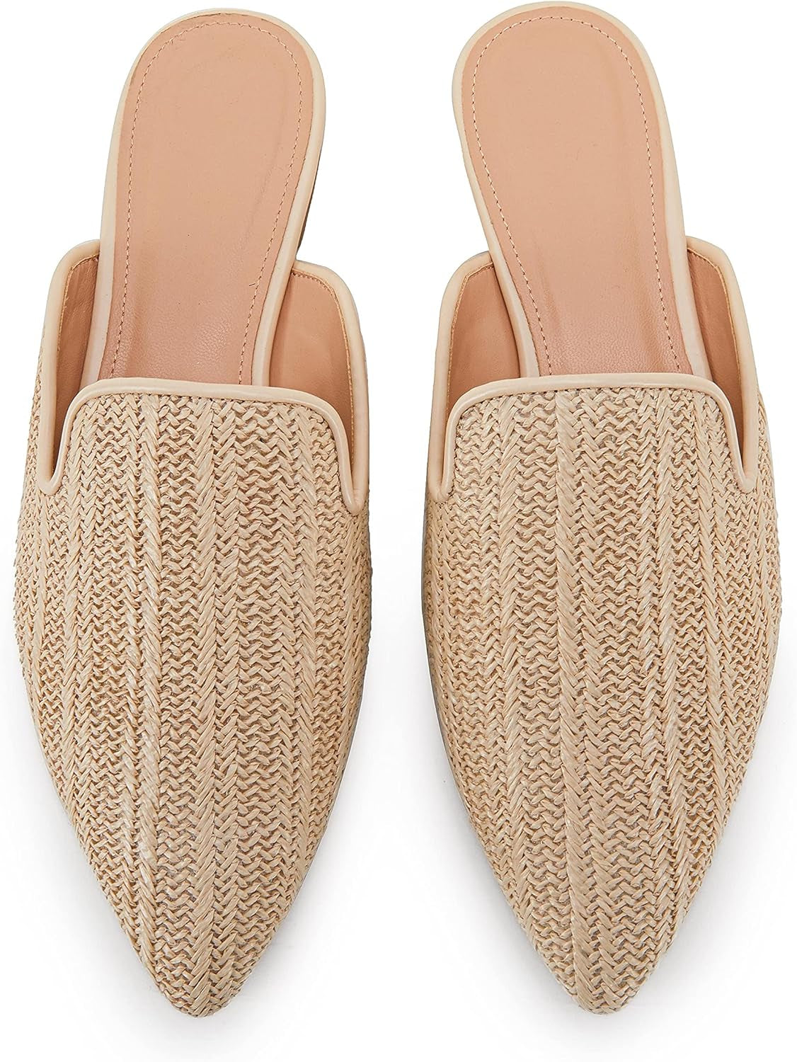 Womens Briaded Pointed Toe Mules Low Heel Loafers Slip on Flats Slide Backless Cut Out Raffia Woven Comfortable Shoes Beige