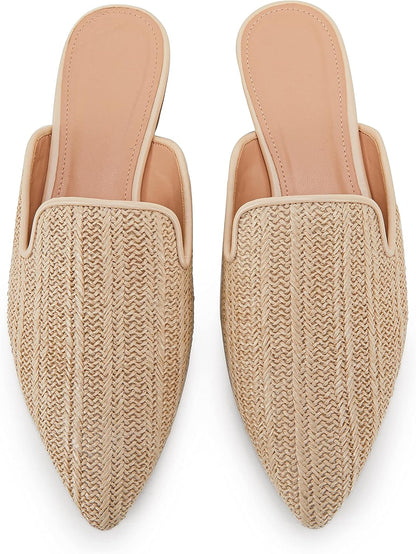 Womens Briaded Pointed Toe Mules Low Heel Loafers Slip on Flats Slide Backless Cut Out Raffia Woven Comfortable Shoes Beige