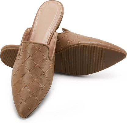 Womens Braided Pointed Toe Mules Low Heel Loafers Woven Slip on Flats Slide Backless Cut Out Comfortable Shoes 8.5 Coffee