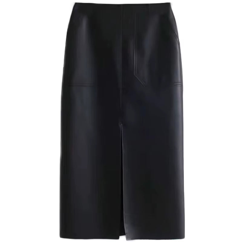 Slim Straight Faux Leather Skirts Women Spring New Package Hip Long PU Jupe Chic Split Designed Fashion Solid Mujer Faldas