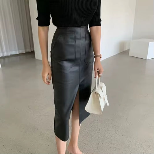 Slim Straight Faux Leather Skirts Women Spring New Package Hip Long PU Jupe Chic Split Designed Fashion Solid Mujer Faldas