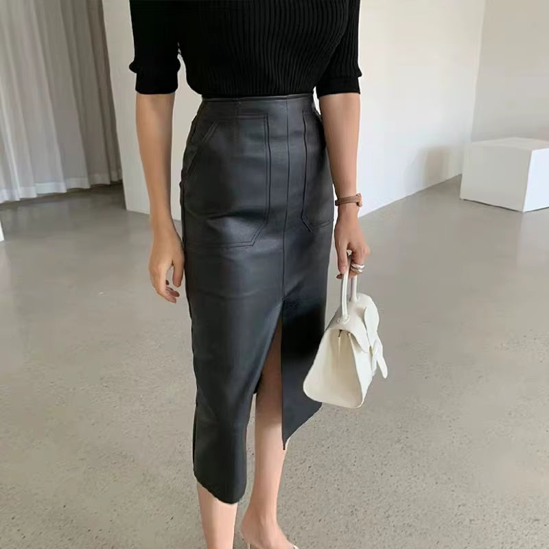 Slim Straight Faux Leather Skirts Women Spring New Package Hip Long PU Jupe Chic Split Designed Fashion Solid Mujer Faldas