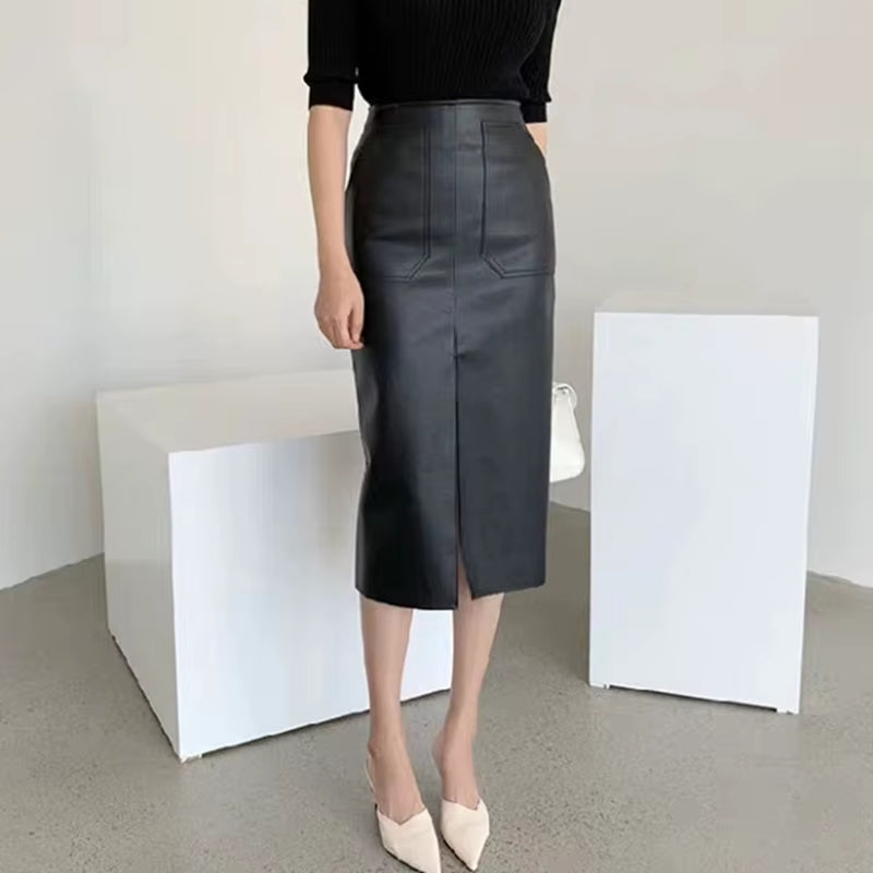 Slim Straight Faux Leather Skirts Women Spring New Package Hip Long PU Jupe Chic Split Designed Fashion Solid Mujer Faldas