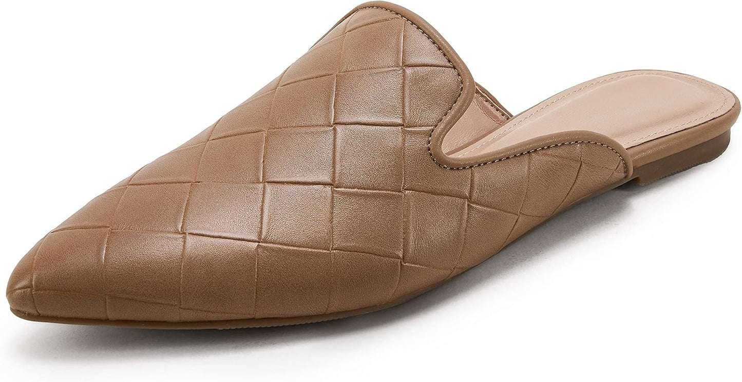 Womens Braided Pointed Toe Mules Low Heel Loafers Woven Slip on Flats Slide Backless Cut Out Comfortable Shoes 8.5 Coffee