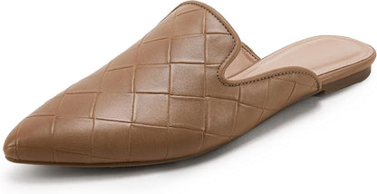 Womens Braided Pointed Toe Mules Low Heel Loafers Woven Slip on Flats Slide Backless Cut Out Comfortable Shoes 8.5 Coffee