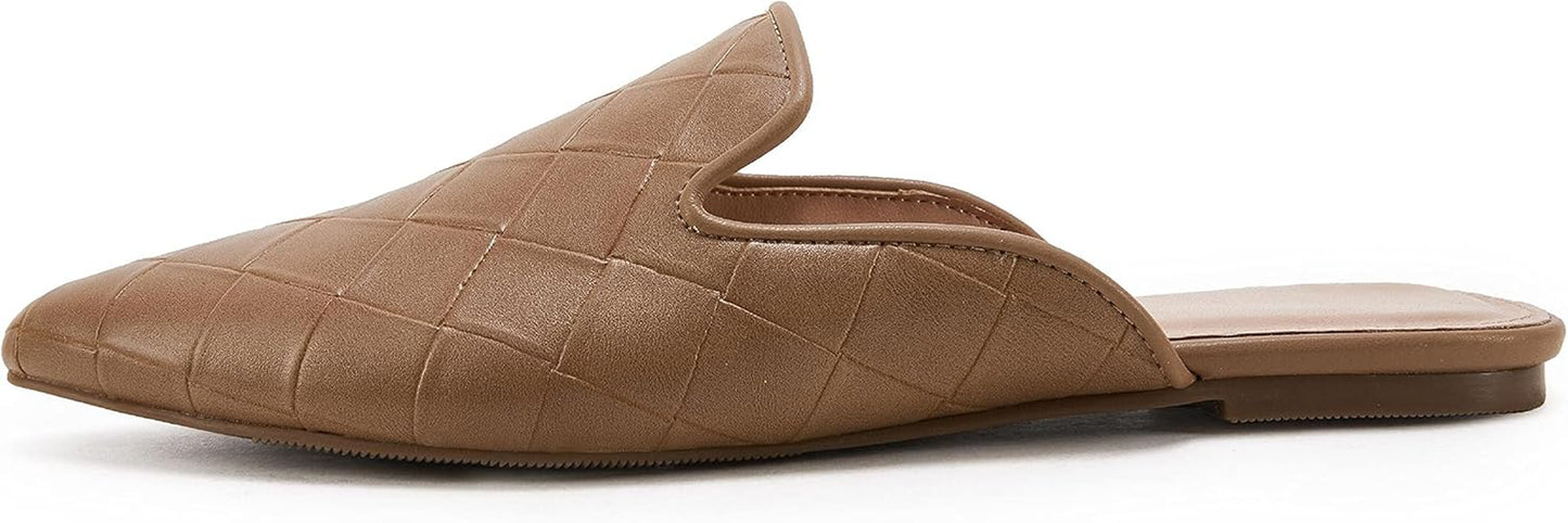 Womens Braided Pointed Toe Mules Low Heel Loafers Woven Slip on Flats Slide Backless Cut Out Comfortable Shoes 8.5 Coffee