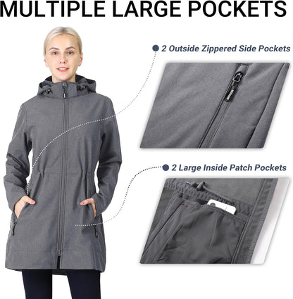 Women'S Softshell Jacket with Removable Hood Fleece Lined Windbreaker Insulated Long Warm Rain Jacket