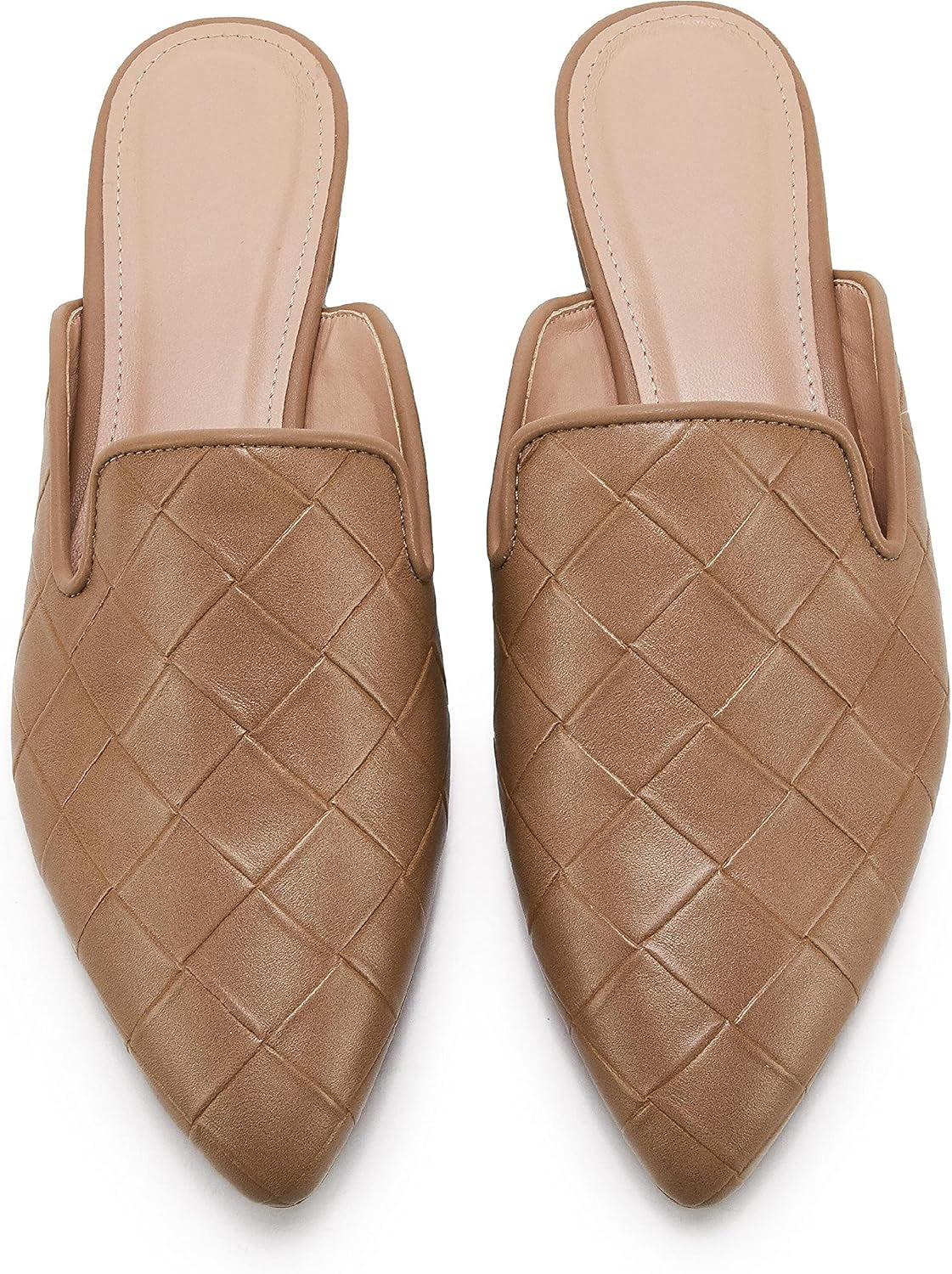 Womens Braided Pointed Toe Mules Low Heel Loafers Woven Slip on Flats Slide Backless Cut Out Comfortable Shoes 8.5 Coffee