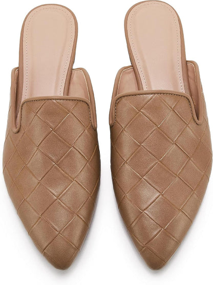 Womens Braided Pointed Toe Mules Low Heel Loafers Woven Slip on Flats Slide Backless Cut Out Comfortable Shoes 8.5 Coffee