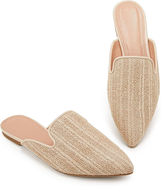 Womens Briaded Pointed Toe Mules Low Heel Loafers Slip on Flats Slide Backless Cut Out Raffia Woven Comfortable Shoes Beige